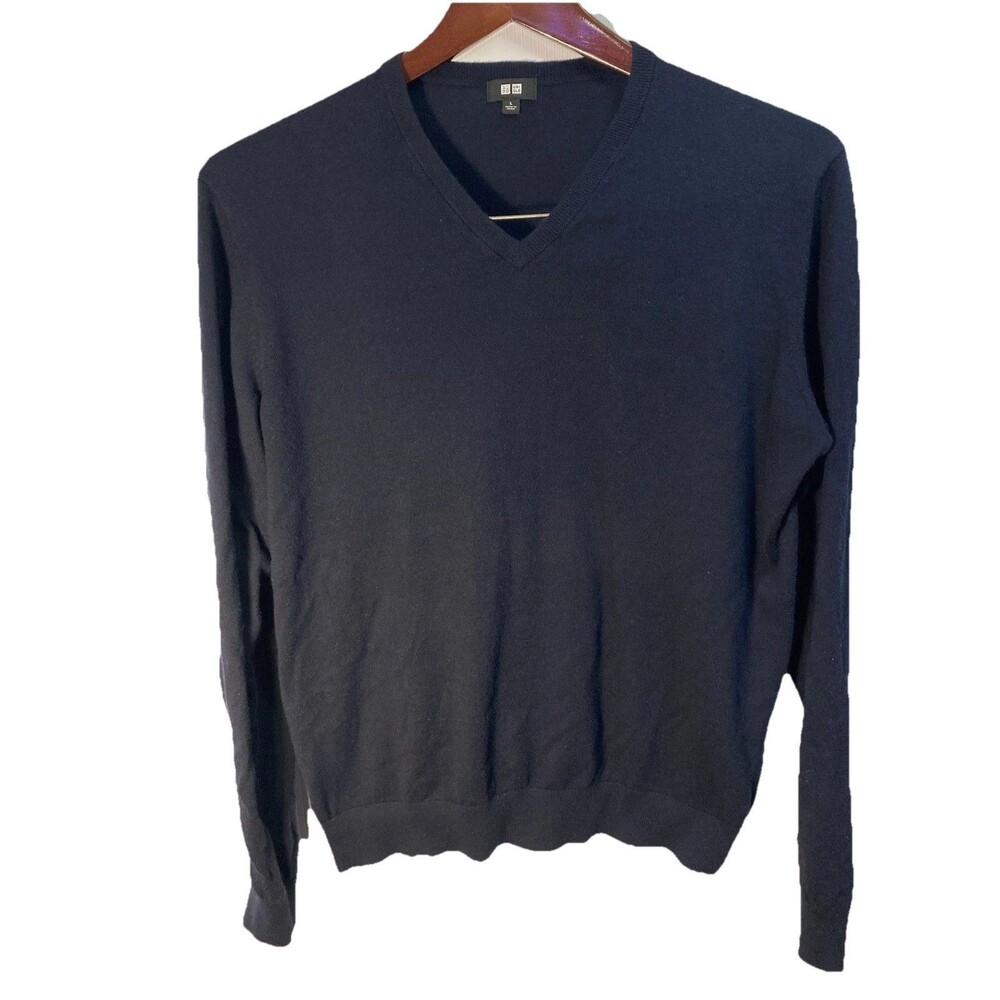 Uniqlo w Sz L Dark Blue Sweater V Neck cotton cashmere blend Classic Preppy chic